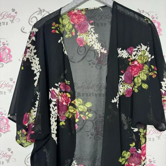 Floral cardigan sheer black pink red green flowers 💐 light weight kimono 👘 - Picture 2 of 5